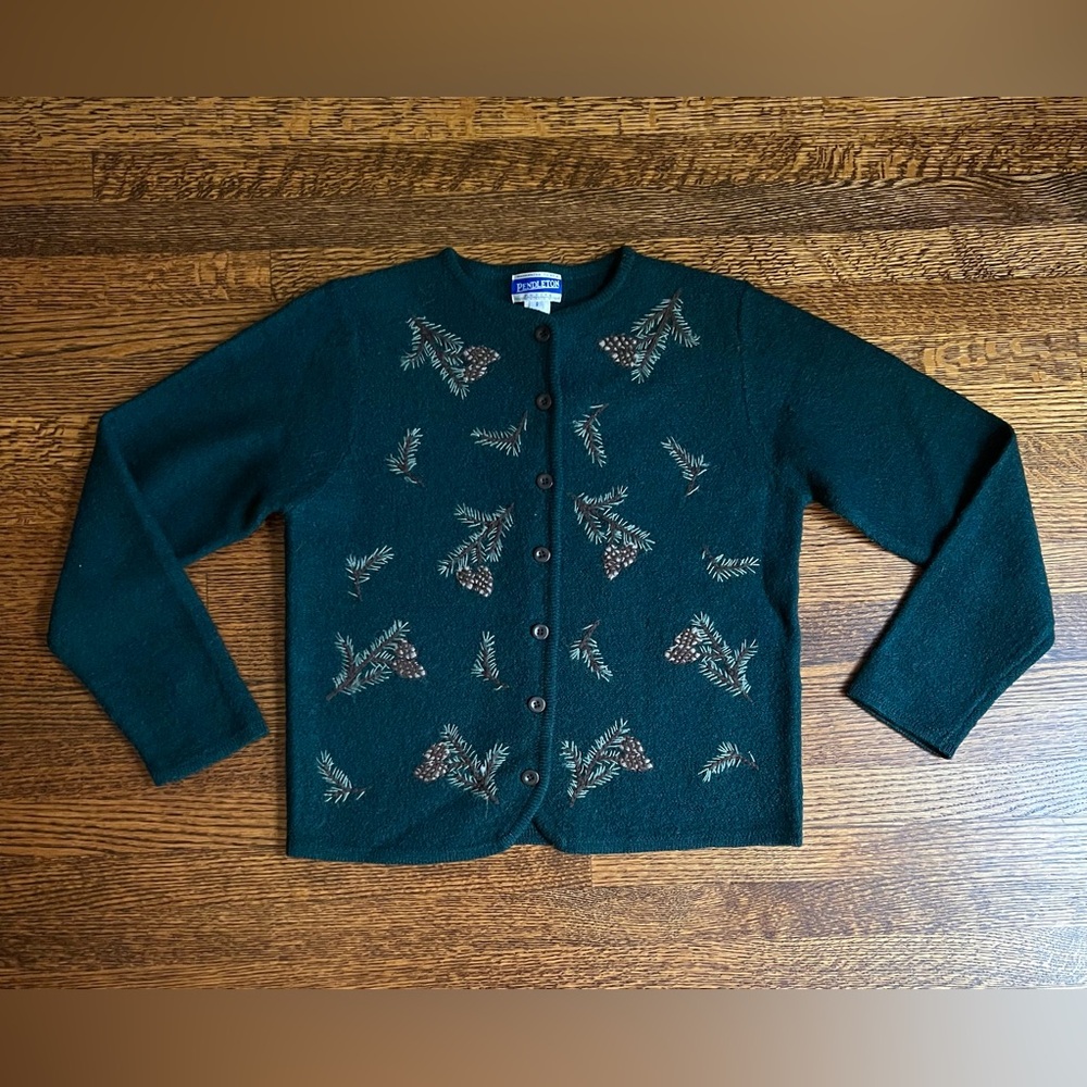 Vintage Pinecone Sweater, Embroidered Wool Cardigan, Vintage Pendleton